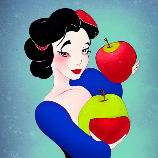 Image similar to snow white and the apple, colorful digital art