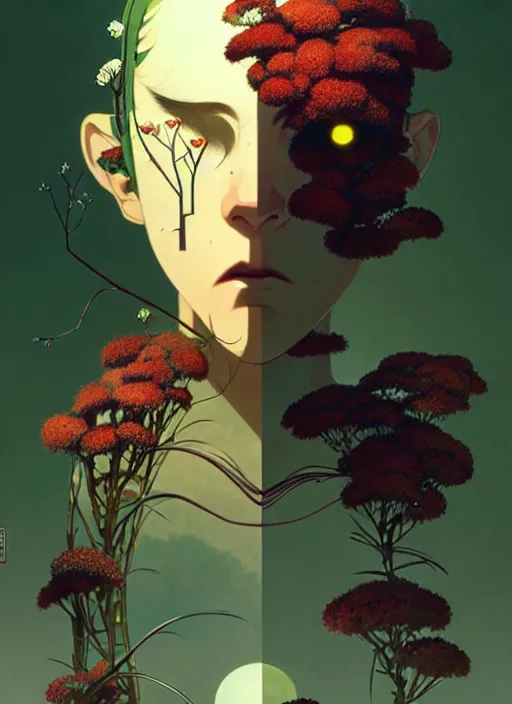 Prompt: illustrated by satoshi kon and greg rutkowski, a cyborg face in some plants with flowers and berries for a face, 6 0's retro sci - fi flat surreal design