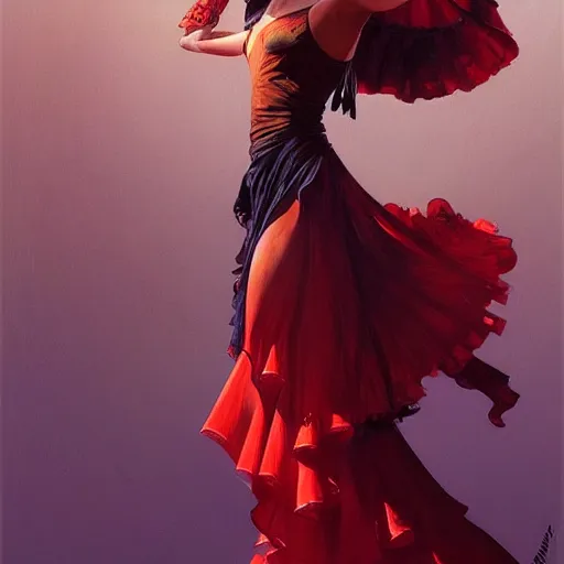 Image similar to female flamenco dancer, spotlight, highly detailed, digital painting, artstation, concept art, smooth, sharp focus, illustration, cinematic lighting, art by artgerm and greg rutkowski and alphonse mucha