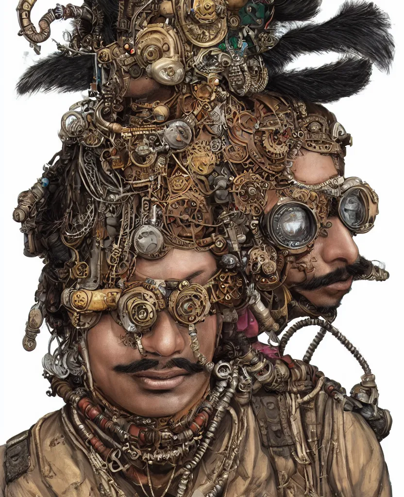 Prompt: face portrait of an indian man with long kawai moustache rajasthani headgear wearing madmax style steampunk goggles and steampunk jewelry, art by peter mohrbacher and craig mullins, sticker, isolated on white background, colorful, illustration, highly detailed, simple, smooth and clean vector curves, no jagged lines, hyperrealistic, digital painting, cgsociety, artstation, smooth