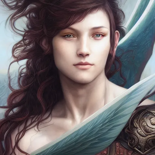 Image similar to a stunning portrait of a dragon slayer by Evelyn De Morgan and Ross Tran, rossdraws, fresco