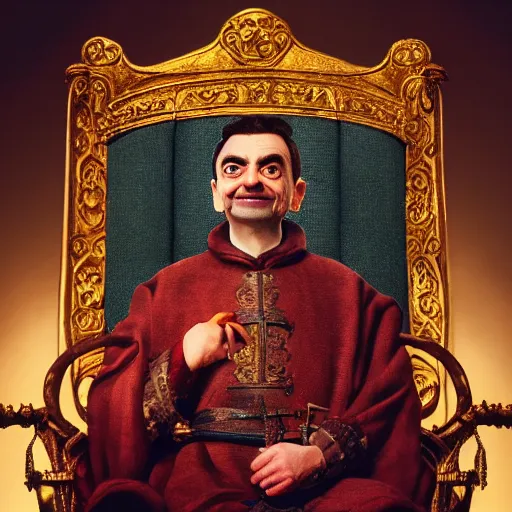 Prompt: A portrait of Mr. Bean depicted as a medieval king on throne, very close-up shot, atmospheric lighting, painted, intricate, volumetric lighting, beautiful, rich deep colours masterpiece, golden hour, sharp focus, ultra detailed, by Leesha Hannigan, Ross Tran, Thierry Doizon, Kai Carpenter, Ignacio Fernández Ríos