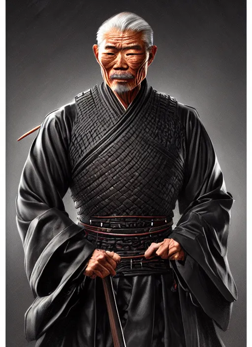 Image similar to portrait of an old Japanese warrior man, muscular, black leather robes! intricate, elegant, highly detailed, digital painting, artstation, concept art, smooth, sharp focus, illustration, art by artgerm and greg rutkowski and alphonse mucha