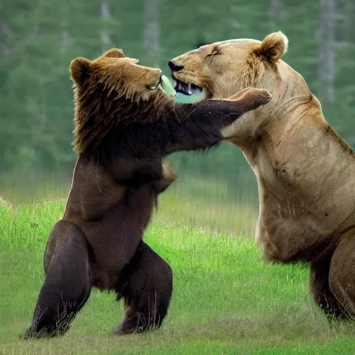 Prompt: realistic photo of a fight between a lion and a bear
