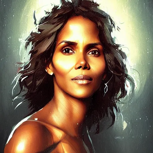 Image similar to “ portrait of halle berry by greg rutkowski, young, attractive, highly detailed portrait, scifi, digital painting, artstation, concept art, smooth, sharp foccus ilustration, artstation hq ”