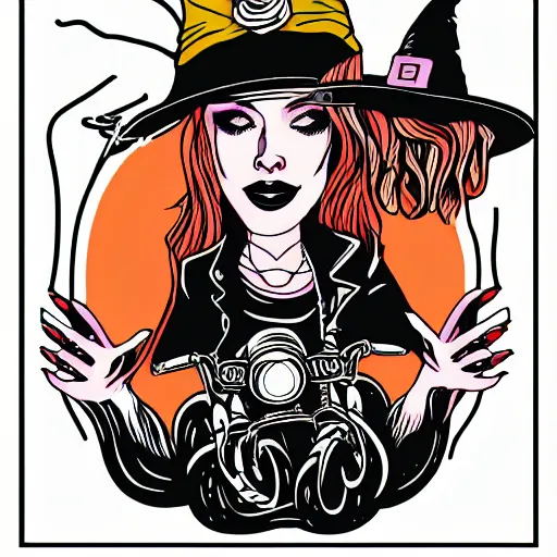 Prompt: a drawing of a hipster witch with tattoos riding a cafe racer, retro colors, tee shirt graphic