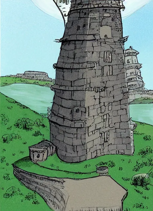 Prompt: a cartoon illustration of a tower on top of a hill, concept art by hiromu arakawa, featured on pixiv, plein air, concept art, pixiv, official art