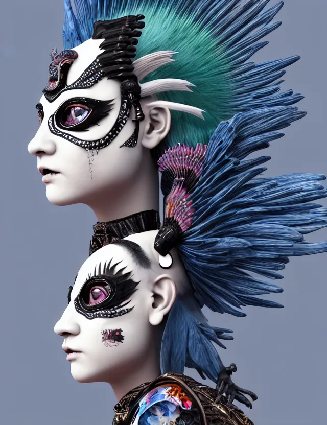 Image similar to 3 d goddess close - up profile portrait punk with mohawk with ram skull. beautiful intricately detailed japanese crow kitsune mask and clasical japanese kimono. betta fish, jellyfish phoenix, bio luminescent, plasma, ice, water, wind, creature, artwork by tooth wu and wlop and beeple and greg rutkowski