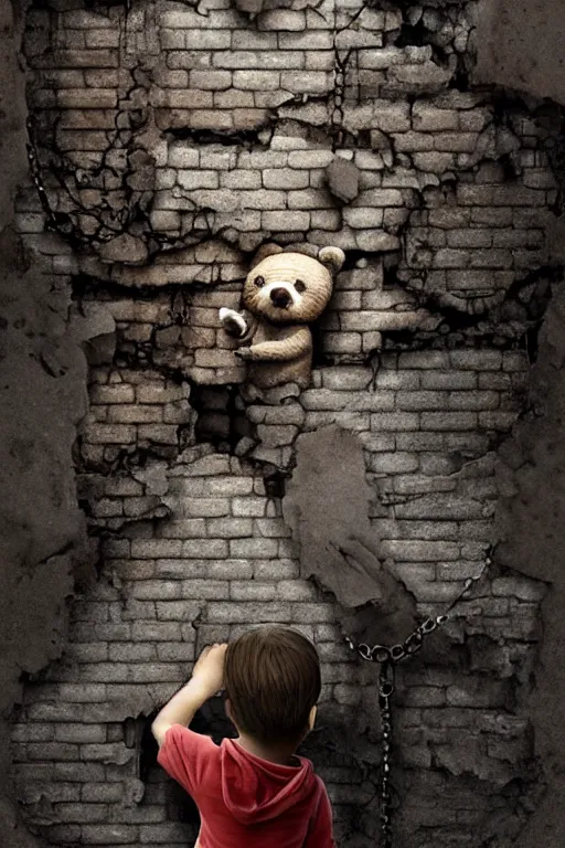 Image similar to giant crack hole on the brick concrete wall, child with dirty face watching from inside the crack reaching towards camera hand is holding a dirty ealistic teddybear. gloomy, intricate, elegant, highly detailed, digital painting, artstation, concept art, addiction, chains, smooth, sharp focus, illustration, art by ilja repin and greg rutkowski