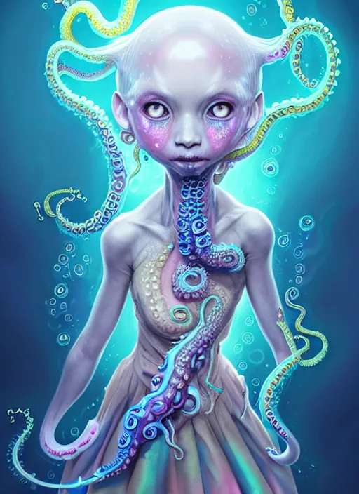 Image similar to A full shot of a cute magical monster Cryptid wearing a dress made of opals and tentacles. Chibi Proportions. Subsurface Scattering. Translucent Skin. Caustics. Prismatic light. defined facial features, symmetrical facial features. Opalescent surface. Soft Lighting. beautiful lighting. By Giger and Ruan Jia and Artgerm and WLOP and William-Adolphe Bouguereau and Loish and Lisa Frank. Sailor Moon. trending on artstation, featured on pixiv, award winning, sharp, details, intricate details, realistic, Hyper-detailed, HD, HDR, 4K, 8K.