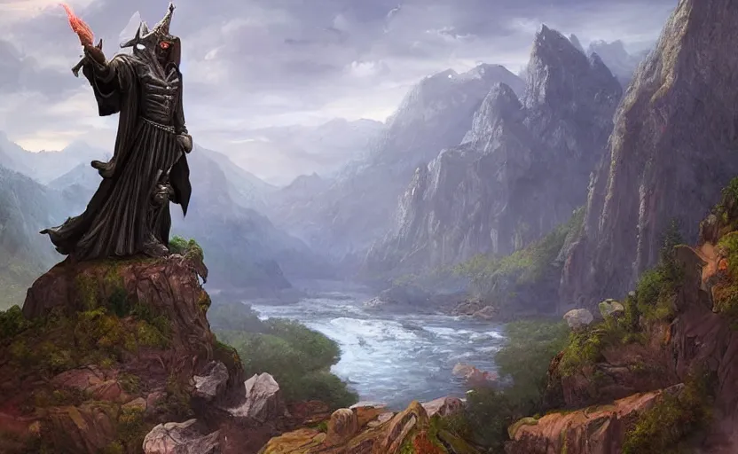 Image similar to A large statue of a wizard guarding a river valley, landscape art, concept art, intense