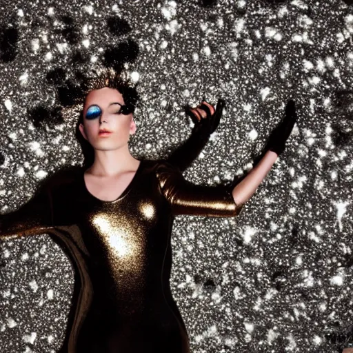 Prompt: bizarre fashion photo shoot, glitter, metallic, fuzzy, texture