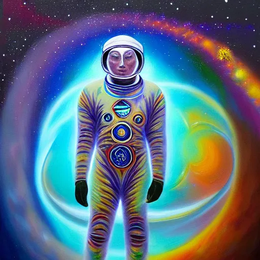 Image similar to transcendent sacred spaceman, astral spirit space journey in oil painting, ayahuasca, trending on artstation, award winning, emotional, highly detailed ethereal surrealist art