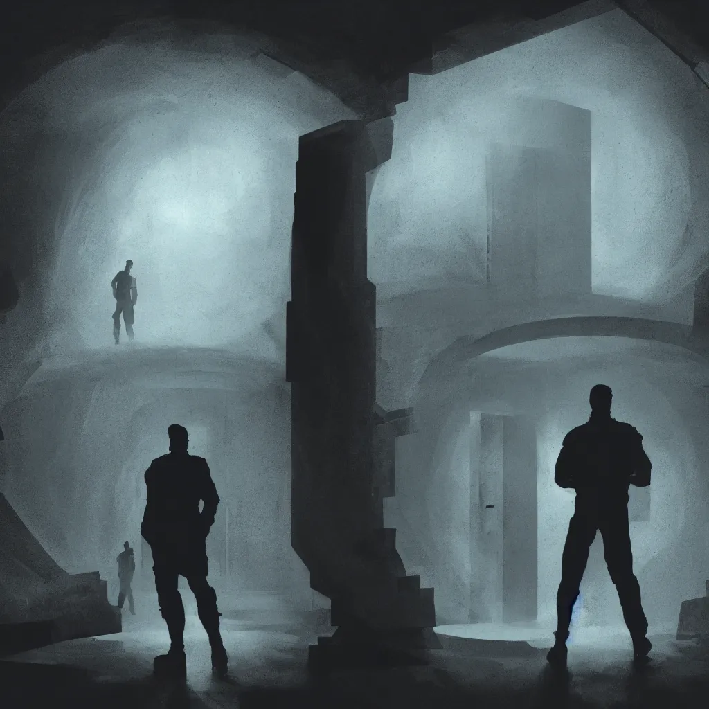 Image similar to a silhouette of a man standing before a glowing doorway portal in the middle of a dark laboratory, movie poster, cinematic lighting, sci - fi concept art, movie concept art, cinematic framing, blockbuster movie poster