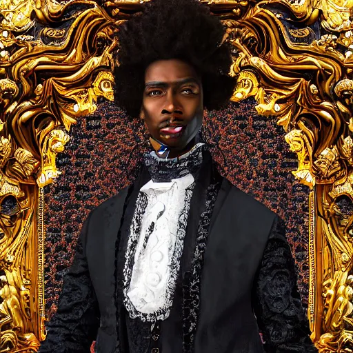 Prompt: hyperdetailed maximalist elaborate half - lenght portrait of a futuristic a beautiful black man, wearing long clothing. rococo architecture, in the style of modigliani and mixed media collage. matte background hd 8 x