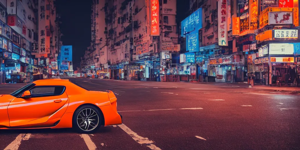 Prompt: orange supra in the middle of a road on the night Hong Kong china town, blue color grading, cinematic color grading , unreal 5, hyperrealistic, realistic, photorealistic, dynamic lighting, highly detailed, cinematic landscape, studio landscape, studio lighting