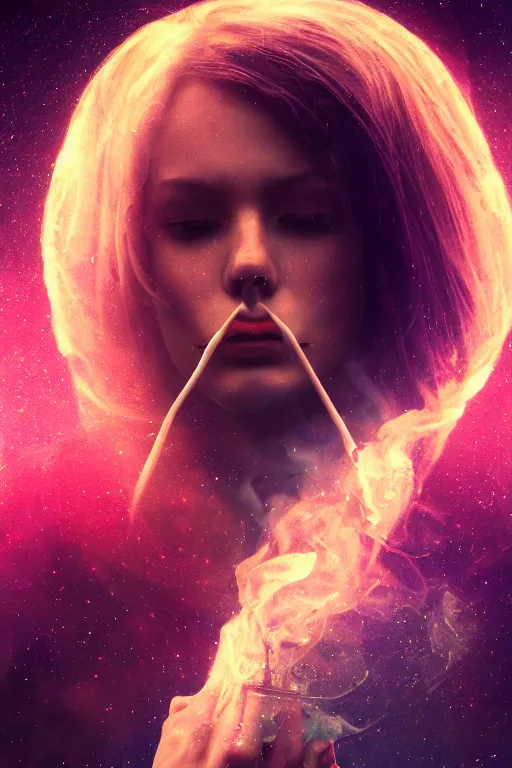 Prompt: a stoner girl blowing smoke that turns into a galactic nebula, dramatic lighting, cinematic, establishing shot, extremely high detail, foto realistic, cinematic lighting, post processed, concept art, high details, cinematic, 8k resolution, beautiful detailed, photorealistic, digital painting, artstation, concept art, smooth, sharp focus, artstation trending, octane render, unreal engine