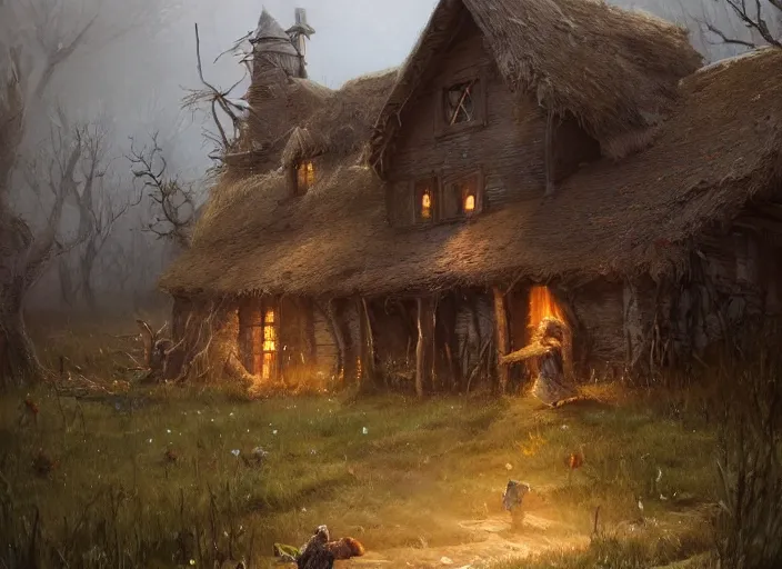 Image similar to the cottage of a Witch, scarecrow, a fantasy digital painting by Greg Rutkowski and James Gurney, trending on Artstation, highly detailed