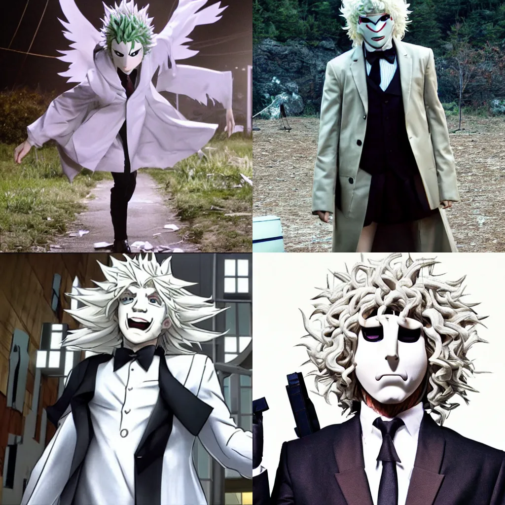 Prompt: christian bale dressed as nagito komaeda from danganronpa, film still