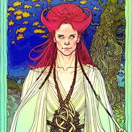 Image similar to a beautiful portrait of sanna!!!!! marin!!!!!, the young female prime minister of finland as a druidic wizard by rebecca guay, michael kaluta, charles vess and jean moebius giraud