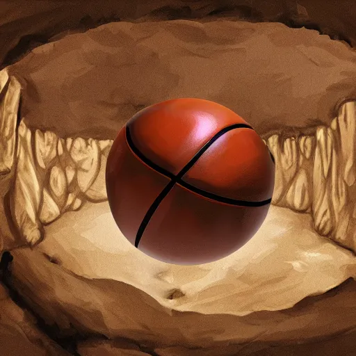 Prompt: a mimic disguised as a basketball inside of a cave gnarling it's teeth, fantasy, digital painting