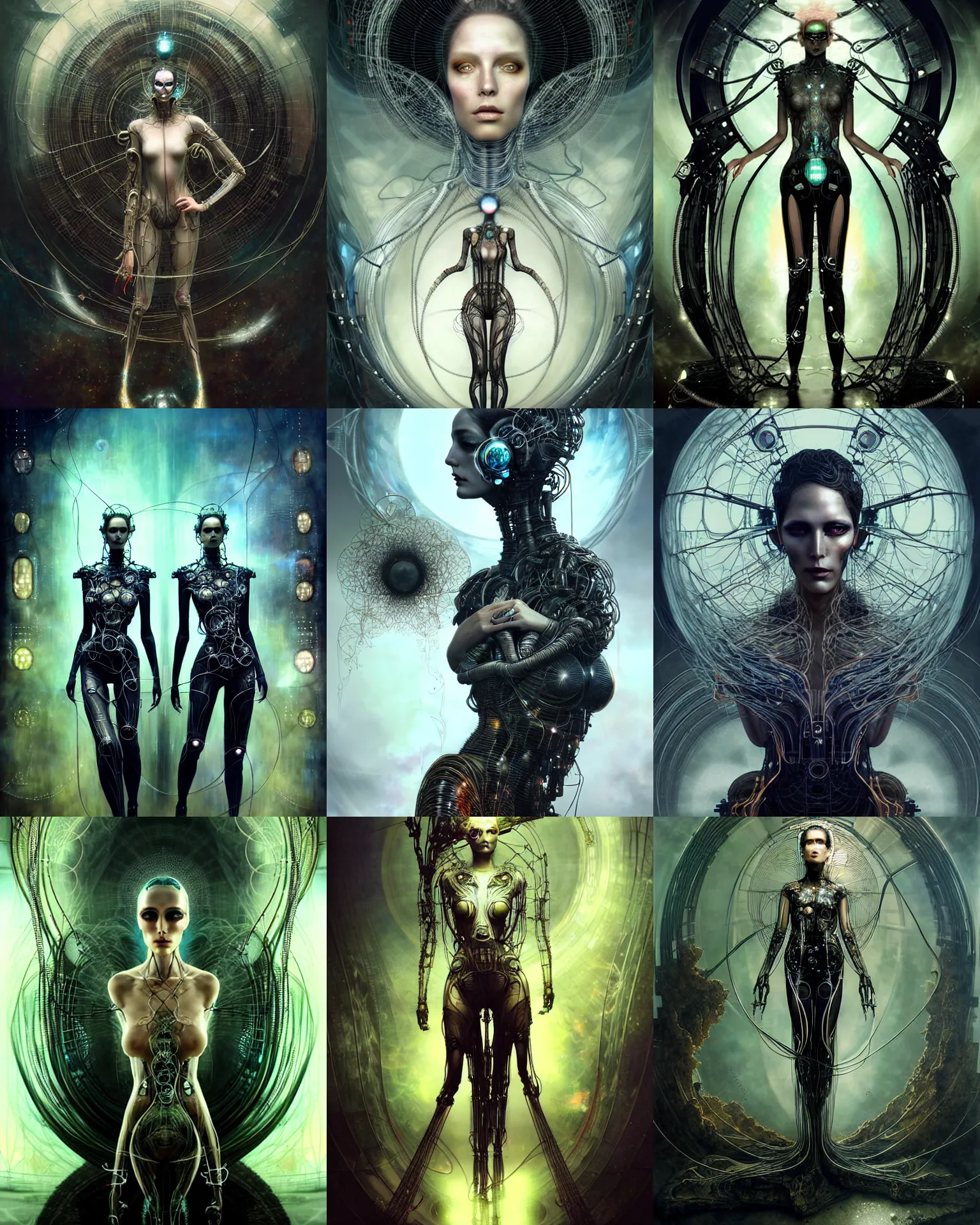 Prompt: karol bak and tom bagshaw and bastien lecouffe - deharme full body character portrait of a supermodel as the borg queen, glitchcore rebirth, floating in a powerful zen state, beautiful and ominous, wearing combination of mecha and bodysuit made of wires and etched ceramic, machinery enveloping nature in the background, scifi character render