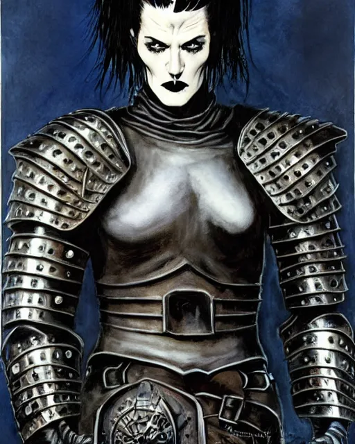 Image similar to portrait of a skinny goth punk keany reeves wearing armor by simon bisley, john blance, frank frazetta, fantasy, chrome thief warrior