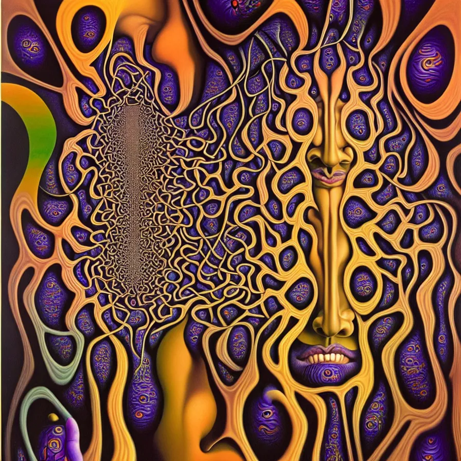 Image similar to infinite fractals of faces forming a single human face, recursion, surreal, by salvador dali and mc escher and alex grey, oil on canvas, weird, dreams, consciousness, strange loops, fantasy, intricate details, warm colors