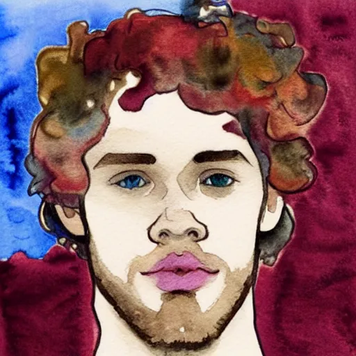 Image similar to abstract experimental watercolor drawing of a young cute handsome beautiful strawberry blond medium curly hair man in his early 2 0 s wearing a blank maroon t - shirt with grey - blue eyes, by elizabeth peyton and alphonse mucha, trending on artstation, artgen