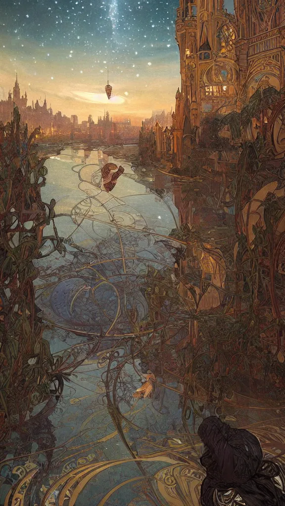 Image similar to a beautiful painting of the view from the river of an ancient many stories tall, narrow round cylindrical tower, with art nouveau architecture, at night with a sky full of stars, intricate, elegant, highly detailed, digital painting, artstation, concept art, by krenz cushart and artem demura and alphonse mucha