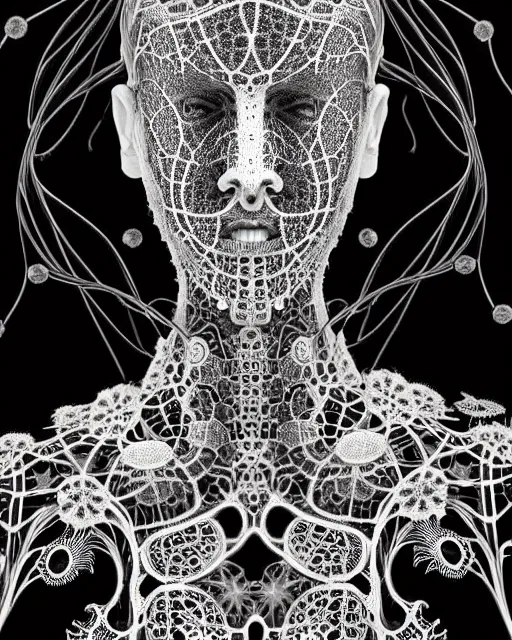 Prompt: surreal black and white photo portrait of complex bio-mechanical beautiful young female vegetal-cyborg with a Mandelbrot fractal steampunk metal fine lace face, a very long neck and a fine metal floral foliage super big lace collar by Alexander McQueen:: high fashion, haute couture, rococo, steampunk, silver filigree details, anatomical, facial muscles, cable wires, microchip, elegant, hyper realistic, 150 mm lens, soft rim light, octane render, unreal engine, picture was taken in 1910 by Dora Maar, volumetric lighting, 8k,
