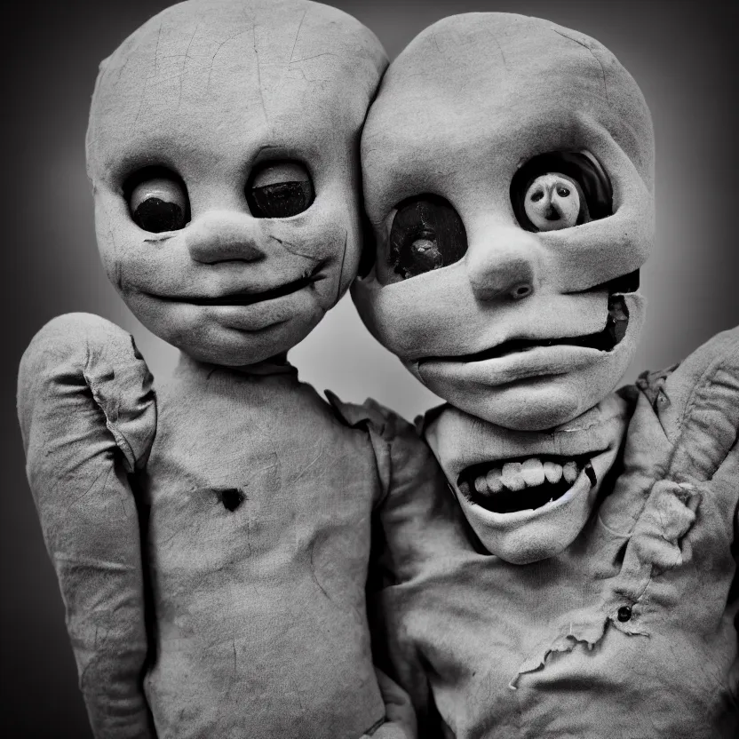 Image similar to creepy ventriloquist dummy in the style of roger ballen, 4 k, bw, portrait