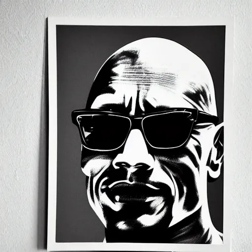 Image similar to a portrait of Dwayne Johnson, made by Andy Warhol, two tone, very high contrast, only black and white, simplistic, extremely high contrast, two tone, notan art, by Andy Warhol, minimalistic,