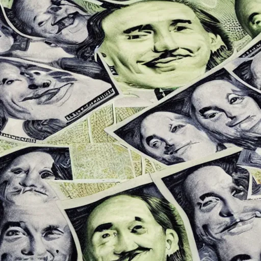 Prompt: huge pile of money with faces smiling, weird art, 4 k