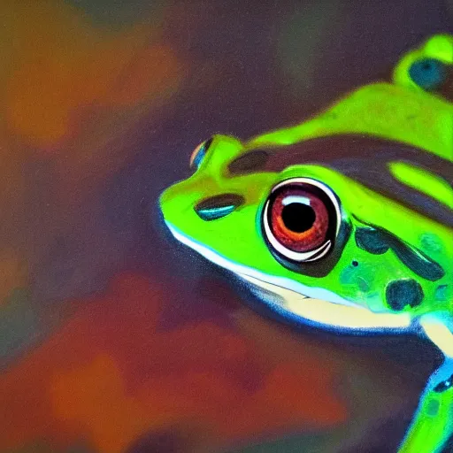 Image similar to frog looking down at his next victems, vivid colors, soft lighting, atmospheric, cinematic, moody, oil on canvas, 8 k