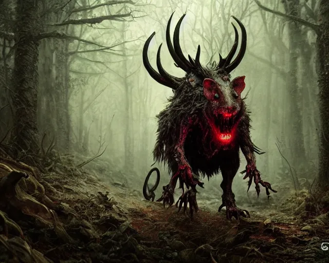 Prompt: 5 5 mm portrait photo of an armored demonic rat zombie with horns and red eyes, in a magical forest. magical atmosphere. art by greg rutkowski. highly detailed 8 k. intricate. lifelike. soft light. nikon d 8 5 0.