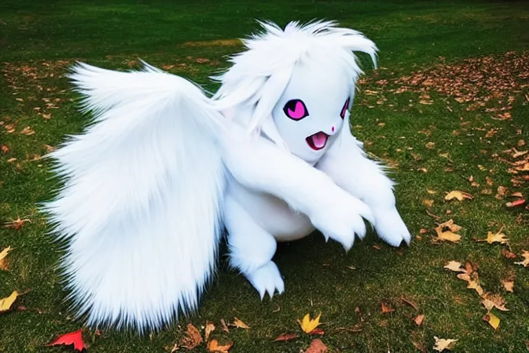 Image similar to real life absol pokemon, cute!!!, heroic!!!, adorable!!!, playful!!!, fluffly!!!, happy!!!, cheeky!!!, mischievous!!!, ultra realistic!!!, autumn, clear weather, ( golden hour ), sharp focus