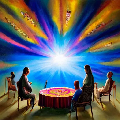 Prompt: A beautiful painting of a group of people standing around a circular table. In the center of the table is a large, open book. The people in the painting are looking at the book with interest and appear to be discussing its contents. iridescent by Phil Koch control the soul, contest winner