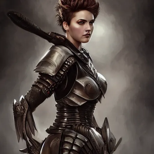 Image similar to full body portrait of a riveting and striking warrior woman!!!, armored, adorable, elegant and pretty face, slick hair, realistic shaded perfect face, outstanding details, realistic shaded lighting, dynamic background, artgerm, tom bagshaw, 8 k ultra - realistic, highly detailed, kan liu