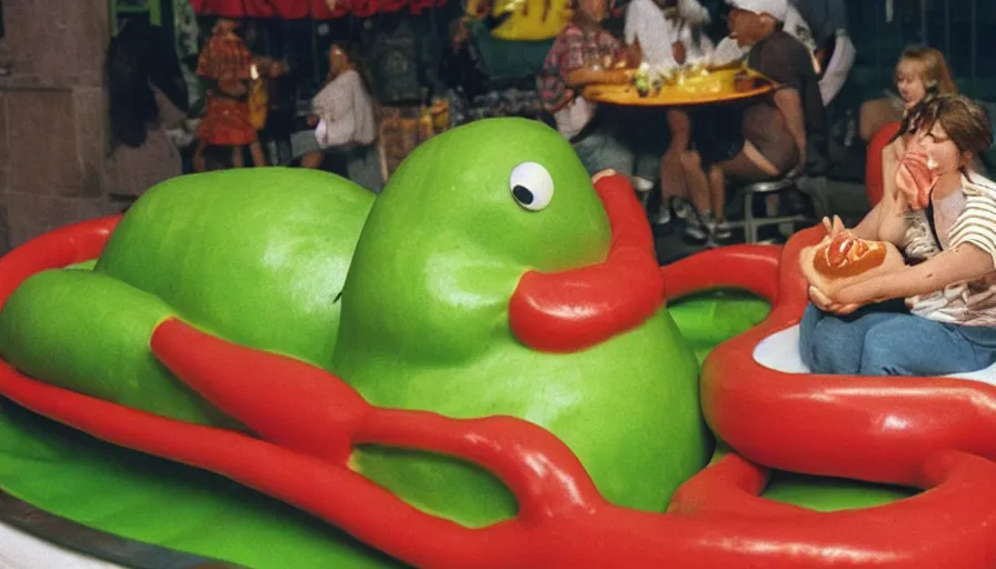 Image similar to 1990s photo of inside the Slime Friends Snow Potato Show ride at Universal Studios in Orlando, Florida, riding a hotdog through a dinner plate world, cinematic, UHD