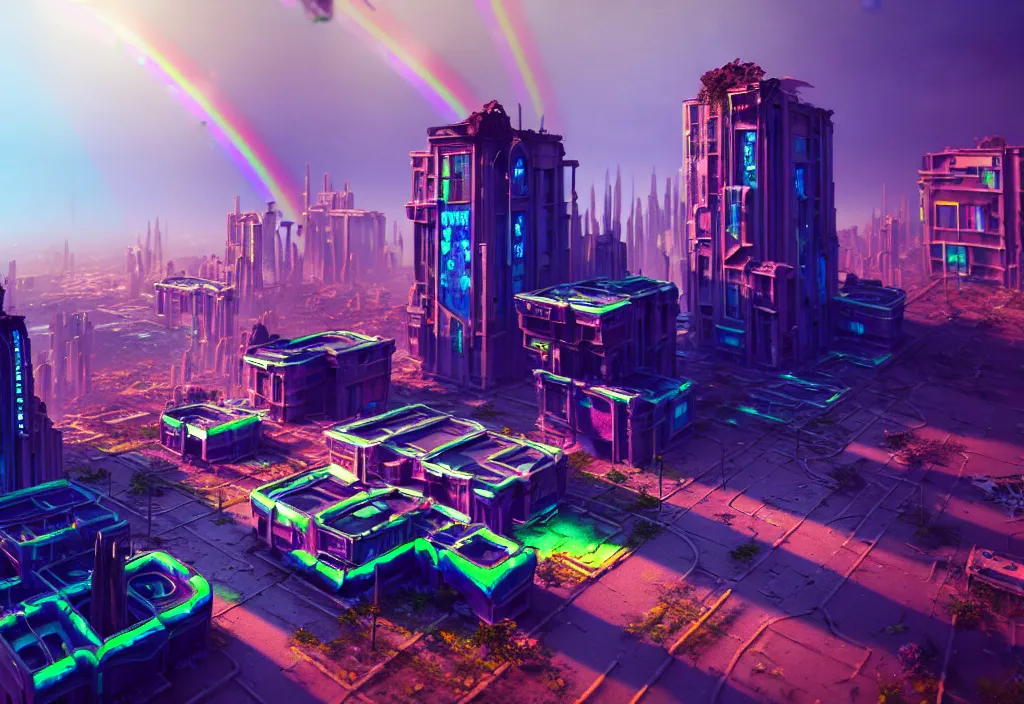 Image similar to A highly detailed crisp unreal engine render of aerial drone photo of A beautiful futuristic cyberpunk abandoned city building with neon, plants, perfect well made rainbow on the sky, sunlight breaking through clouds, debris on the ground, abandoned machines bright warm colors by wangchen-cg, 王琛,Neil blevins, artstation