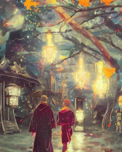 Image similar to beautiful anime painting of a boy and a blonde girl from behind at a shinto shrine looking up at the night sky illuminated by colorful new years fireworks, by WLOP and Slawek Fedorczuk and rossdraws, trending on artstation, concept art