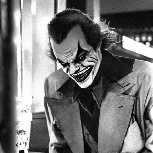 Prompt: jack nicholson as joker working in imperial mcdonalds behind counter, fleshtone facepaint coming off, movie still, dslr