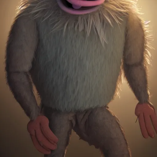 Image similar to a still of a forgotten muppet character looking very manly and modern, hilarious, laughing, hairy chest, huge chin, manly monster tough guy, roughled fur, photo real, photographic, photograph, artstation, trending, featured