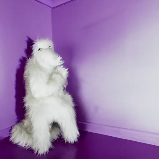 Image similar to a photo of a white fur monster standing in a purple room