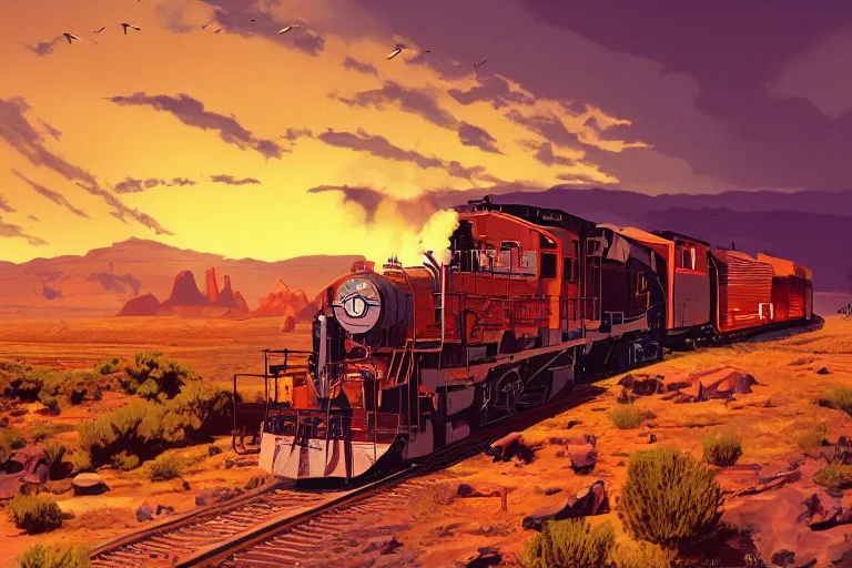 Image similar to idyllic old western freight train illustration by syd mead, artstation, 4 k, graphic novel, concept art, matte painting, steam engine spewing billowy white clouds of steam, beautiful mountain desert sunset background, golden hour