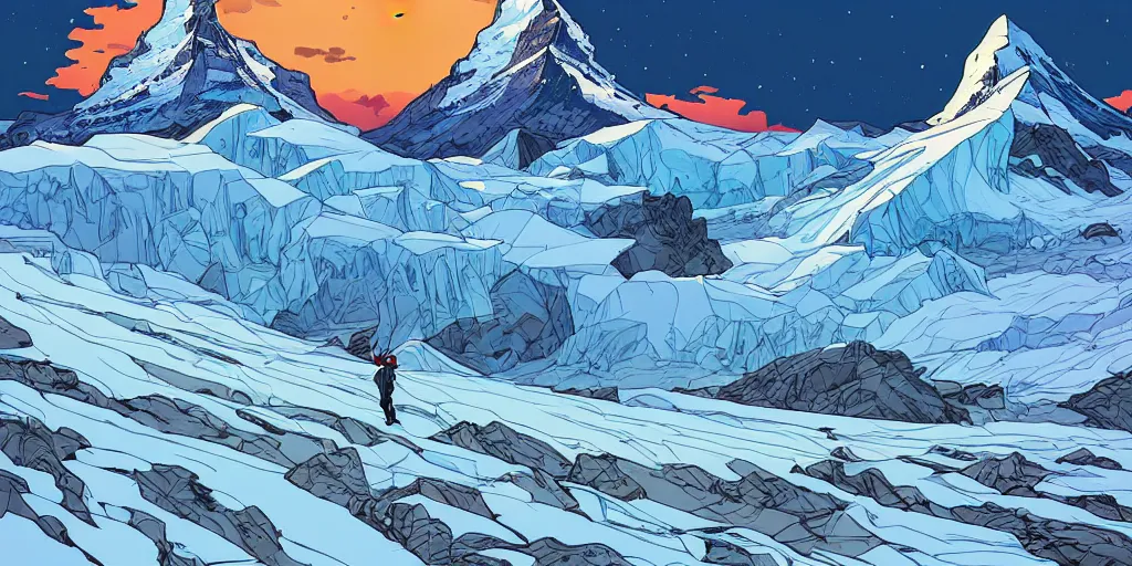 Prompt: a beautiful winter day on the heavily crevassed glacier. matterhorn in the background. comic book landscape illustration, pop art, art by ashley wood, alphonse mucha, laurie greasley and josan gonzalez. cinematic. dynamic lighting. realistic proportions. creative design. cell shading