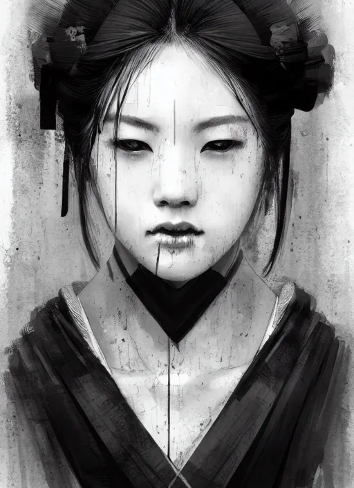 Image similar to female geisha girl, beautiful face, black and white, rule of thirds, intricate outfit, spotlight, by greg rutkowski, by jeremy mann, digital painting