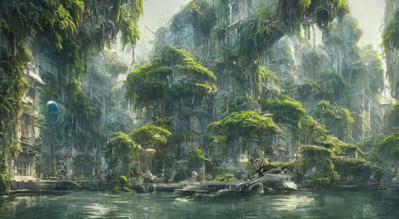 Image similar to Futuristic venice in Art Nouveau Architecture, movie concept art, Breath of the wilde, studio ghibli style, Lush vegetation with ferns, miyazaki, Craig Mullins dappled lighting, octane render, cinematic, photographic, realistic, highly detailed