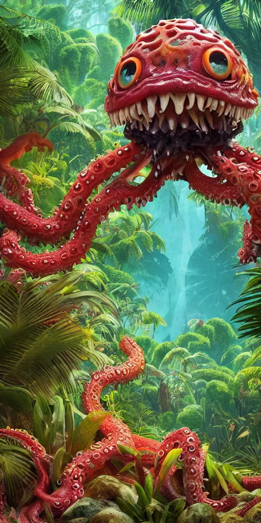 Image similar to of a tropical rainforest lake with strange cute friendly happy creatures with huge eyes, mouth, long tongue, round teeth and tentacles appearing from sandy coral, in the style of gehry and gaudi, macro lens, shallow depth of field, ultra detailed, digital painting, trending artstation, concept art, illustration, cinematic lighting, photorealism, epic, octane render